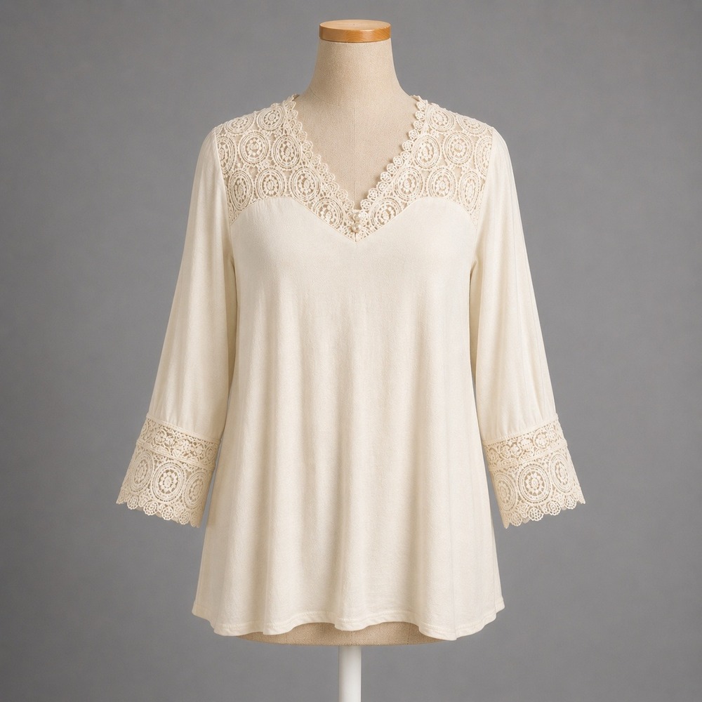 Crochet Lace Swirl Sweatheart Fairy Top Sz L Cream Boho Romantic Resort Cottage
